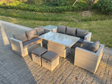 Fimous Rattan Garden Funiture Set Height Adjustable Rising Lifting Table Sofa Dining Set Side Coffee Tea Table Chair Stool