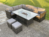 Fimous 8 Seater PE Rattan Corner Sofa Set Gas Fire Pit Dining Table Set Heater With 2 Small Stools