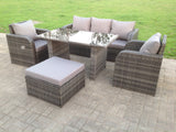 Fimous Rattan Garden Furniture Set Adjustable Chair Sofa Lounge 3 Seater Sofa Rectangular Dining Black Glass Table Footstool