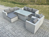 Fimous Rattan Garden Funiture Set Height Adjustable Rising Lifting Table Sofa Dining Set Lounge Sofa 2 Arm Chair Footstool