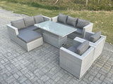 Fimous Rattan Garden Funiture Set Height Adjustable Rising Lifting Table Sofa Dining Set Lounge Sofa 2 Arm Chair Footstool
