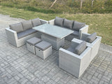 Fimous Rattan Garden Funiture Set Adjustable Rising Lifting Table Sofa Dining Set Lounge Sofa 2 Arm Chair Stool