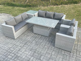Fimous Rattan Garden Funiture Set Height Adjustable Rising Lifting Table Sofa Dining Set Lounge Sofa 2 Arm Chair Side Table
