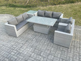 Fimous Rattan Garden Funiture Set Height Adjustable Rising Lifting Table Sofa Dining Set Lounge Sofa 2 Arm Chair Side Table