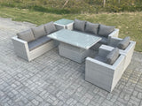 Fimous Rattan Garden Funiture Set Height Adjustable Rising Lifting Table Sofa Dining Set Lounge Sofa 2 Arm Chair Side Table
