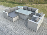 Fimous Rattan Garden Funiture Set Adjustable Rising Lifting Table Sofa Dining Set Lounge Chair Side Table Footstool