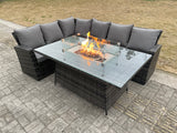 Fimous Outdoor Rattan Corner Sofa Garden Furniture High Back Sofa Set Gas Fire Pit Dining Table Gas Heater Burner 6 Seater