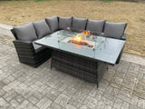 Fimous Outdoor Rattan Corner Sofa Garden Furniture High Back Sofa Set Gas Fire Pit Dining Table Gas Heater Burner 6 Seater
