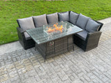Fimous High Back Outdoor Rattan Corner Sofa Set Garden Furniture Set Gas Fire Pit Dining Table Gas Heater 6 Seater
