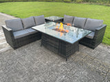 Fimous Outdoor Rattan Garden Furniture Gas Fire Pit Dining Table Sets Gas Heater Side table Dark Mixed Grey 6 Seater