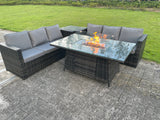 Fimous Outdoor Rattan Garden Furniture Gas Fire Pit Dining Table Sets Gas Heater Side table Dark Mixed Grey 6 Seater