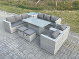 Fimous Rattan Garden Funiture Set Height Adjustable Rising Lifting Table Sofa Dining Set Lounge Chair Side Table Stool