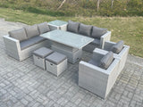 Fimous Rattan Garden Funiture Set Height Adjustable Rising Lifting Table Sofa Dining Set Lounge Chair Side Table Stool