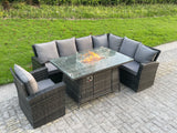 Fimous High Back Rattan Corne r Sofa Set Garden Furniture Sofa Gas Fire Pit Dining Table Gas Heater Chair 7 Seater