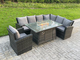 Fimous High Back Rattan Corne r Sofa Set Garden Furniture Sofa Gas Fire Pit Dining Table Gas Heater Chair 7 Seater