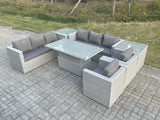 Fimous Rattan Garden Funiture Set Adjustable Rising Lifting Table Sofa Dining Set Lounge Sofa 2 Arm Chair 2 Side Table