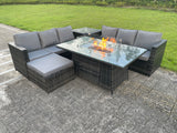 Fimous Outdoor Rattan Garden Furniture Gas Fire Pit Dining Table Sets Gas Heater Lounge Big Footstool Dark Mixed Grey 7 Seater