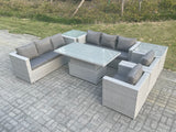 Fimous Rattan Garden Funiture Set Adjustable Rising Lifting Table Sofa Dining Set Lounge Sofa 2 Arm Chair 2 Side Table