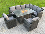 Fimous High Back Rattan Corne r Sofa Set Garden Furniture Sofa Gas Fire Pit Dining Table Gas Heater With 2 Arm Chair 8 Seater