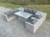 Fimous Rattan Garden Funiture Set Adjustable Rising Lifting Table Sofa Dining Set Lounge Sofa 2 Arm Chair 2 Side Table