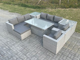 Fimous Rattan Garden Funiture Set Height Adjustable Rising Lifting Table Sofa Dining Set Lounge Chair 2 Side Table Footstool