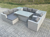 Fimous Rattan Garden Funiture Set Height Adjustable Rising Lifting Table Sofa Dining Set Lounge Chair 2 Side Table Footstool