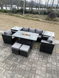 Fimous Outdoor PE Rattan Garden Furniture Gas Fire Pit Dining Table Armchairs With 2 Side Coffee Table Stools Dark Grey Mixed