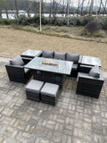 Fimous Outdoor PE Rattan Garden Furniture Gas Fire Pit Dining Table Armchairs With 2 Side Coffee Table Stools Dark Grey Mixed