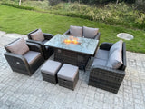 Fimous Outdoor Rattan Garden Furniture High Back Sofa Set Fire Pit Dining Table Gas Heater 2 Recling Chairs 2 Seater Love Sofa Footstools 8 Seater