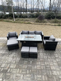Fimous Outdoor PE Rattan Garden Furniture Gas Fire Pit Dining Table Armchairs With 3 Stools Dark Grey Mixed