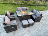 Fimous Outdoor Rattan Garden Furniture High Back Sofa Set Fire Pit Dining Table Gas Heater 2 Recling Chairs 2 Seater Love Sofa Footstools 8 Seater