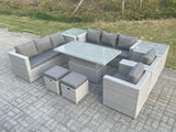 Fimous Rattan Garden Funiture Set Adjustable Rising Lifting Table Sofa Dining Set Lounge Chair 2 Side Table Stool