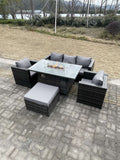 Fimous Outdoor PE Rattan Garden Furniture Gas Fire Pit Dining Table Armchairs With Big Footstool Dark Grey Mixed