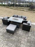 Fimous Outdoor PE Rattan Garden Furniture Gas Fire Pit Dining Table Armchairs With Big Footstool Dark Grey Mixed