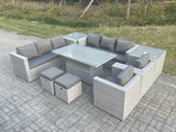 Fimous Rattan Garden Funiture Set Adjustable Rising Lifting Table Sofa Dining Set Lounge Chair 2 Side Table Stool