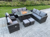 Fimous Outdoor Rattan Garden Furniture High Back Sofa Set Fire Pit Dining Table Gas Heater 2 Recling Chairs 3 Seater Lounge Sofa Footstools 10 Seater