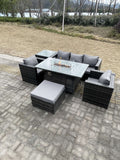 Fimous Outdoor PE Rattan Garden Furniture Gas Fire Pit Dining Table Armchairs With High Side Coffee Table Big Footstool Dark Grey Mixed