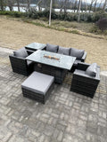 Fimous Outdoor PE Rattan Garden Furniture Gas Fire Pit Dining Table Armchairs With High Side Coffee Table Big Footstool Dark Grey Mixed