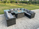 Fimous Outdoor Rattan Garden Furniture Gas Fire Pit Dining Table Gas Heater Sets Side Tables Dark Mixed Grey 9 Seater