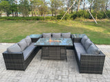 Fimous Outdoor Rattan Garden Furniture Gas Fire Pit Dining Table Gas Heater Sets Side Tables Dark Mixed Grey 9 Seater