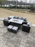 Fimous Outdoor PE Rattan Garden Furniture Gas Fire Pit Dining Table Armchairs With High Side Coffee Table 2 Stools Dark Grey Mixed