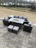 Fimous Outdoor PE Rattan Garden Furniture Gas Fire Pit Dining Table Armchairs With High Side Coffee Table 2 Stools Dark Grey Mixed
