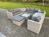 Fimous Light Grey Outdoor PE Rattan Garden Furniture Set Wicker Sofa Set Square Coffee Table 2 Armchair 2 Side Table 9 Seat