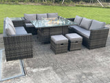 Fimous Outdoor Rattan Garden Furniture Gas Fire Pit Dining Table Gas Heater Sets Side Table Small Footstools Dark Mixed Grey 11 Seater
