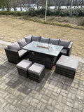 Fimous 9 Seater Rattan Corner Sofa Set Gas Firepit Dining Table Set Patio Heater Burner With Big Footstool Dark Grey Mixed