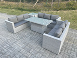 Fimous Lounge Rattan Garden Furniture Set Adjustable Rising Lifting Table Dining Set With Side Coffee Tea Table