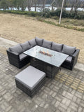 Fimous Rattan Corner Sofa Set Gas Firepit Dining Table Set Patio Heater Burner With Big Footstool Dark Grey