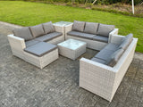 Fimous Light Grey Lounge Outdoor PE Rattan Garden Furniture Set Wicker Sofa Set Square Coffee Table Side Table Footstool