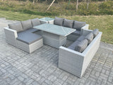 Fimous Lounge Rattan Garden Furniture Set Adjustable Rising Lifting Table Dining Set With Side Coffee Tea Table Footstool