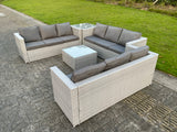 Fimous Light Grey Lounge Outdoor PE Rattan Garden Furniture Set PE Wicker Sofa Set Square Coffee Table Side Table 6 Seater